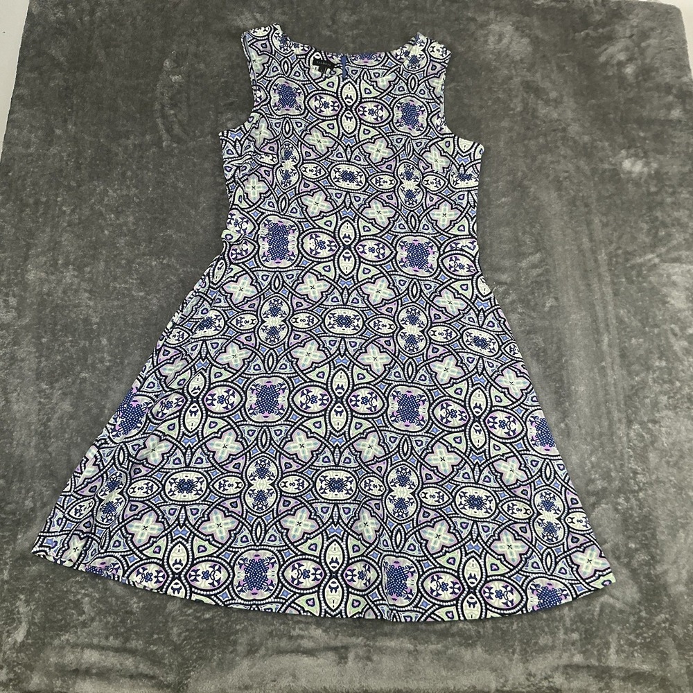 Talbots Women Sleeveless Fit & Flare Dress L Blue White Geometric Ikat Stretch